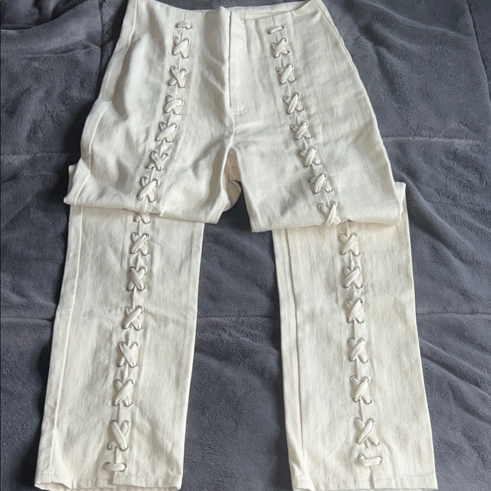 emory park Cream Lace-Up Front Detail Chinos